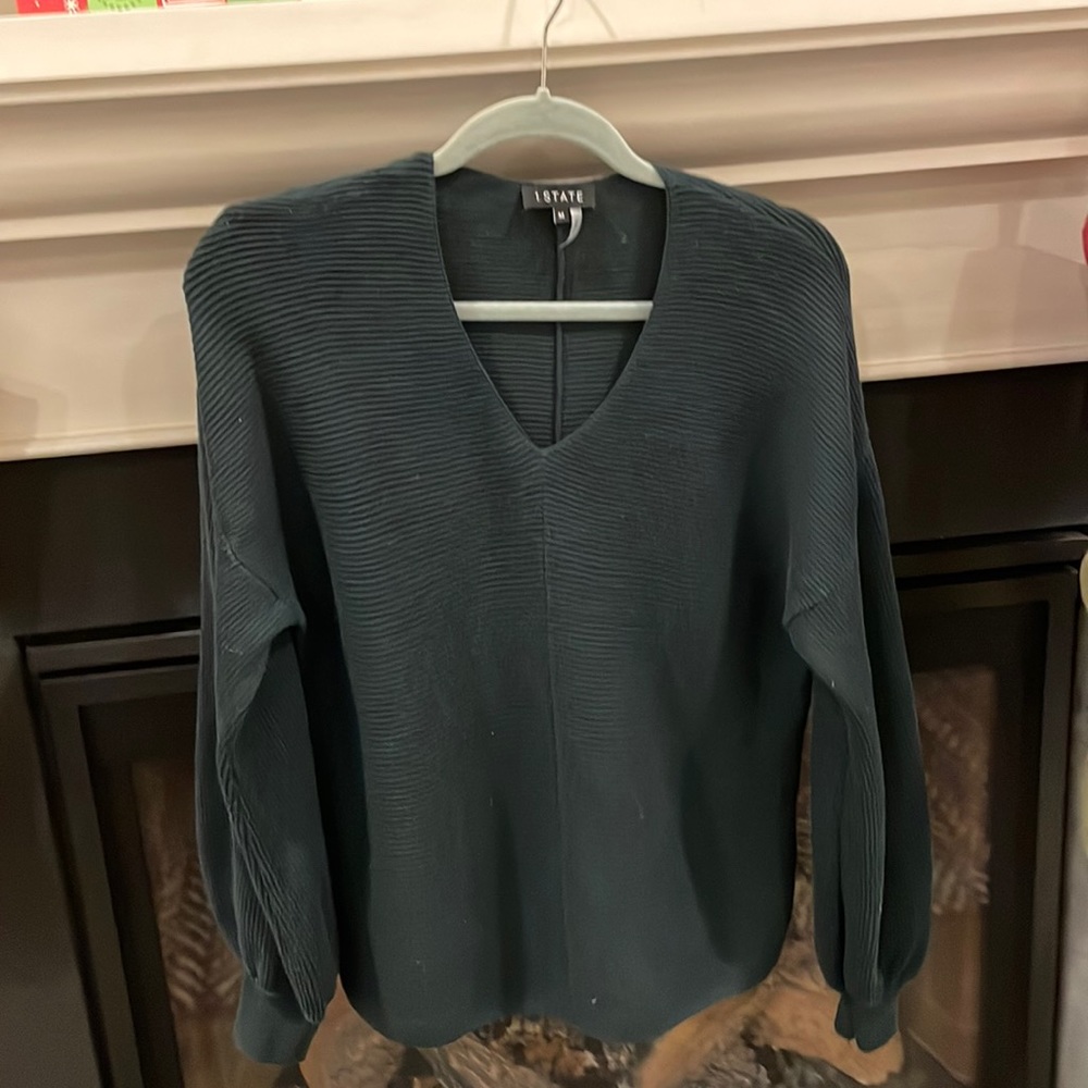 1. State Balloon Sleeve V Neck Long Sleeve Ribbed Sweater Size  M Forest Green
